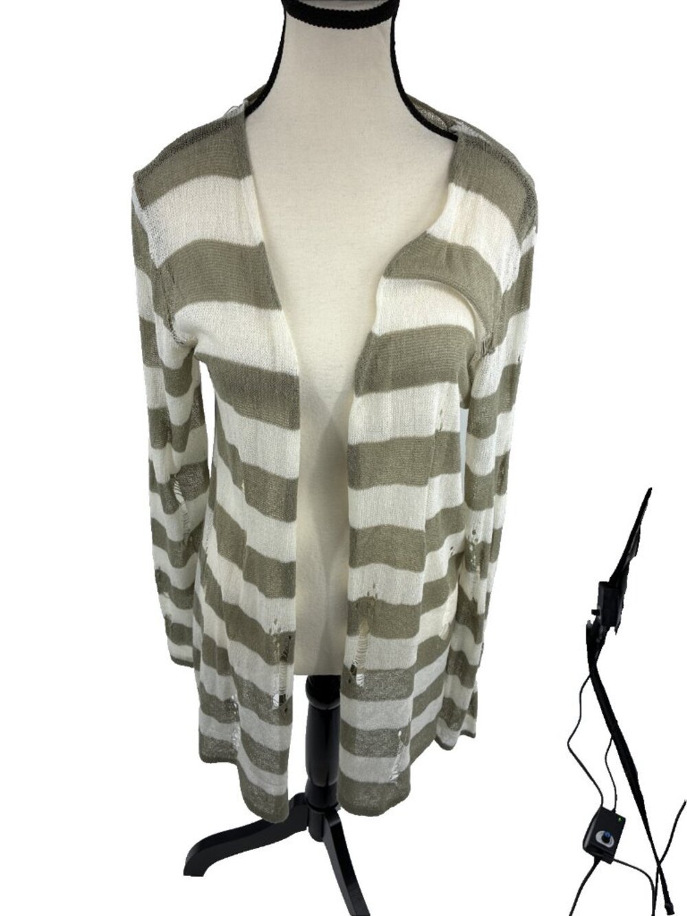 POL Womens Striped Open Cardigan Distressed Knit Boho Olive Cream Size M